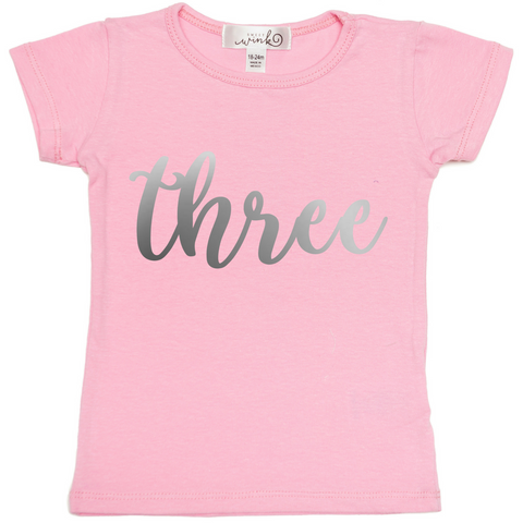 Pink w/Silver Birthday S/S Tee-Three, Sweet Wink, 3rd Birthday, Birthday, Birthday Girl, Cyber Monday, Happy Birthday, JAN23, Pink w/Silver Birthday S/S Tee-Four, Pink with Silver Three Short