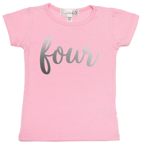 Pink w/Silver Birthday S/S Tee-Four, Sweet Wink, 4th Birthday, Birthday, Birthday Girl, Cyber Monday, Fifth Birthday, Fourth Birthday, Happy Birthday, JAN23, Pink w/Silver Birthday S/S Tee-Fo