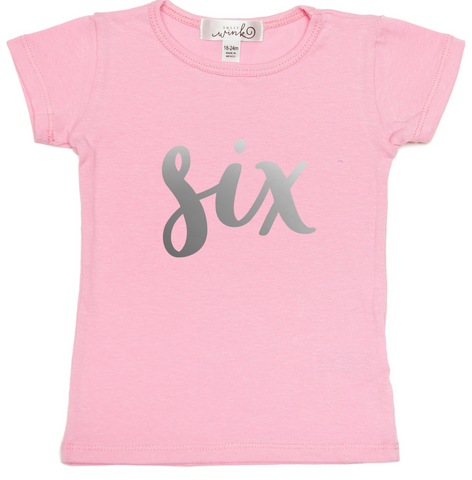 Pink w/Silver Birthday S/S Tee-Six, Sweet Wink, 6th Birthday, Birthday, Birthday Girl, Cyber Monday, Happy Birthday, JAN23, Pink w/Silver Birthday S/S Tee-Six, Pink with Silver Six Short Slee