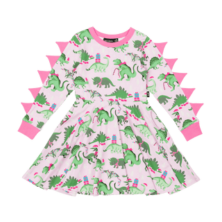Rock Your Kid Pink Dino LS Waisted Dress, Rock Your Baby, All Things Holiday, Christmas, Christmas Dino, Christmas Dress, Dino, Dinos, Dinosaur, Dinosaur Dress, Dinosaurs, Pink Dino LS Waiste