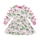Rock Your Kid Pink Dino LS Waisted Dress, Rock Your Baby, All Things Holiday, Christmas, Christmas Dino, Christmas Dress, Dino, Dinos, Dinosaur, Dinosaur Dress, Dinosaurs, Pink Dino LS Waiste
