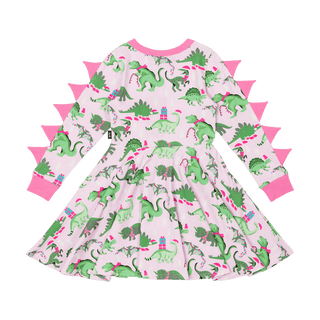Rock Your Kid Pink Dino LS Waisted Dress, Rock Your Baby, All Things Holiday, Christmas, Christmas Dino, Christmas Dress, Dino, Dinos, Dinosaur, Dinosaur Dress, Dinosaurs, Pink Dino LS Waiste