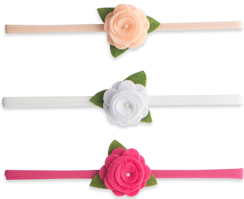 Baby Bling Felt Flower Skinny Bow Headband 3 Pack-Peach/White/Hot Pink, Baby Bling, Baby Bling, Baby Bling Bows, Baby Bling Fall 2018 Release, Baby Bling headband, Baby Bling Skinny Bow Headb