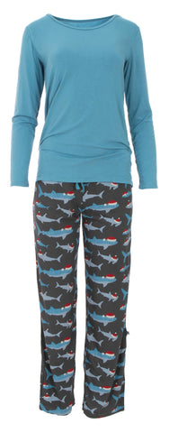 KicKee Pants Pewter Santa Sharks Women's L/S Loosey Goosey Tee & Pant Set, KicKee Pants, 2pc Pajama Set, All Things Holiday, Bamboo Pajama, Bamboo Pajama Set, Bamboo Pajamas, Christmas, Chris
