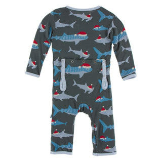 KicKee Pants Pewter Santa Sharks Coverall with Zipper, KicKee Pants, All Things Holiday, Christmas, Christmas Coverall, Christmas Pajama, Christmas Pajamas, CM22, Coverall, Coverall with Zipp
