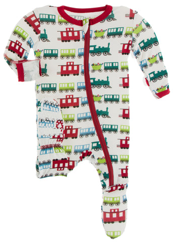 KicKee Pants Natural Toy Train Footie with Zipper, KicKee Pants, All Things Holiday, Christmas, Christmas Footie, Christmas Pajama, Christmas Pajamas, CM22, KicKee, KicKee Pants, KicKee Pants