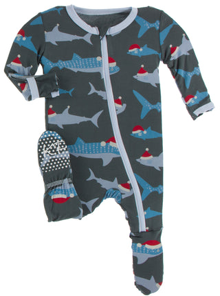 KicKee Pants Pewter Santa Sharks Footie with Zipper, KicKee Pants, All Things Holiday, Christmas, Christmas Footie, Christmas Pajama, Christmas Pajamas, CM22, KicKee, KicKee Pants, KicKee Pan