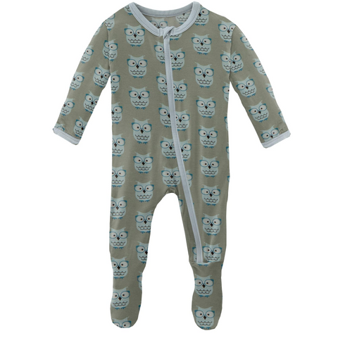 KicKee Pants Silver Sage Wise Owls Footie with Zipper, KicKee Pants, cf-size-0-3-months, cf-size-3-6-months, cf-type-footie, cf-vendor-kickee-pants, CM22, Footie, Footie with Zipper, KicKee, 
