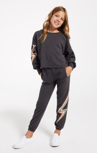 Z Supply Girls Kira Bolt Pullover - Washed Black, Z Supply, JAN23, Lightning Bolt, Top, Tween Girl, tween girls, Tween Girls Clothing, Z Supply, Z Supply Girls, Z Supply Girls Kira Bolt Pullo