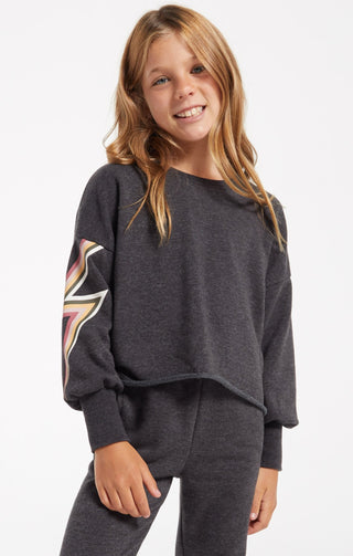 Z Supply Girls Kira Bolt Pullover - Washed Black, Z Supply, JAN23, Lightning Bolt, Top, Tween Girl, tween girls, Tween Girls Clothing, Z Supply, Z Supply Girls, Z Supply Girls Kira Bolt Pullo