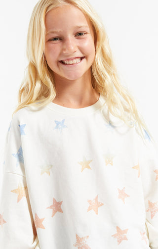 Z Supply Girls Kira Rainbow Star Sweatshirt - Sand Dollar, Z Supply, 4th of July, 4th of July Shirt, JAN23, Patriotic, star, Star Sweatshirt, Top, Tween Girl, tween girls, Tween Girls Clothin