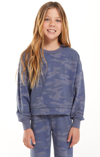 Z Supply Girls Mila Camo Sweatshirt - Camo Dark Indigo, Z Supply, JAN23, Top, Tween Girl, tween girls, Tween Girls Clothing, Z Supply, Z Supply Girls, Z Supply Girls Camo, Z Supply Girls Camo
