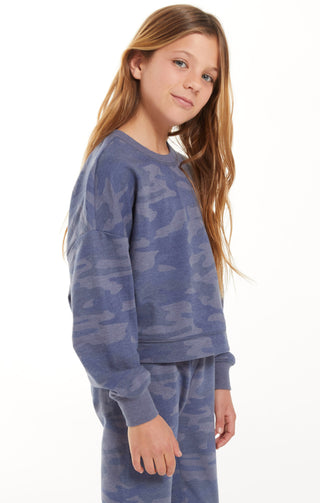 Z Supply Girls Mila Camo Sweatshirt - Camo Dark Indigo, Z Supply, JAN23, Top, Tween Girl, tween girls, Tween Girls Clothing, Z Supply, Z Supply Girls, Z Supply Girls Camo, Z Supply Girls Camo