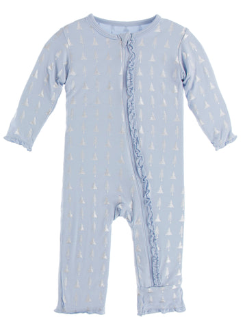 KicKee Pants Frost Silver Trees Muffin Ruffle Coverall with Zipper, KicKee Pants, All Things Holiday, Christmas, Christmas Coverall, Christmas Pajama, Christmas Pajamas, Coverall, Coverall wi