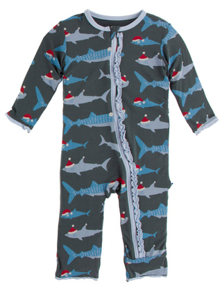 KicKee Pants Pewter Santa Sharks Muffin Ruffle Coverall with Zipper, KicKee Pants, All Things Holiday, Christmas, Christmas Coverall, Christmas Pajama, Christmas Pajamas, Coverall, Coverall w