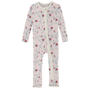 KicKee Pants Macaroon Floral Vines Muffin Ruffle Coverall with Zipper, KicKee Pants, CM22, Coverall, Coverall with Zipper, Coveralls, Fitted Coverall, KicKee, KicKee Coverall, KicKee Pants, K