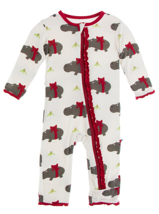 KicKee Pants Natural Christmas Hippo Muffin Ruffle Coverall with Zipper, KicKee Pants, All Things Holiday, Christmas, Christmas Coverall, Christmas Pajama, Christmas Pajamas, Coverall, Covera