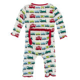 KicKee Pants Natural Toy Train Muffin Ruffle Coverall with Zipper, KicKee Pants, All Things Holiday, Christmas, Christmas Coverall, Christmas Pajama, Christmas Pajamas, Coverall, Coverall wit
