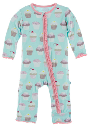 KicKee Pants Summer Sky Cupcakes Muffin Ruffle Coverall with Zipper, KicKee Pants, CM22, Coverall, Coverall with Zipper, KicKee, KicKee Pants, KicKee Pants Coverall with Zipper, KicKee Pants 