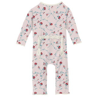 KicKee Pants Macaroon Floral Vines Muffin Ruffle Coverall with Zipper, KicKee Pants, CM22, Coverall, Coverall with Zipper, Coveralls, Fitted Coverall, KicKee, KicKee Coverall, KicKee Pants, K