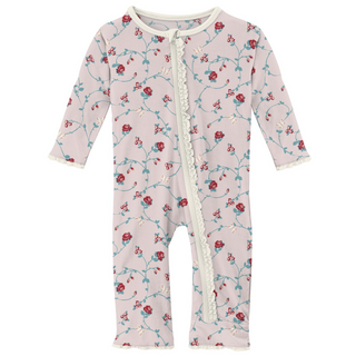 KicKee Pants Macaroon Floral Vines Muffin Ruffle Coverall with Zipper, KicKee Pants, CM22, Coverall, Coverall with Zipper, Coveralls, Fitted Coverall, KicKee, KicKee Coverall, KicKee Pants, K
