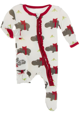 KicKee Pants Natural Christmas Hippo Muffin Ruffle Footie with Zipper, KicKee Pants, All Things Holiday, Christmas, Christmas Footie, Christmas Pajama, Christmas Pajamas, KicKee, KicKee Pants