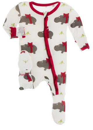 KicKee Pants Natural Christmas Hippo Classic Ruffle Footie with Zipper, KicKee Pants, All Things Holiday, Christmas, Christmas Footie, Christmas Pajama, Christmas Pajamas, Classic Ruffle Foot