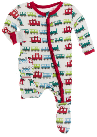 KicKee Pants Natural Toy Train Classic Ruffle Footie with Zipper, KicKee Pants, All Things Holiday, cf-size-0-3-months, cf-type-footie, cf-vendor-kickee-pants, Christmas, Christmas Footie, Ch
