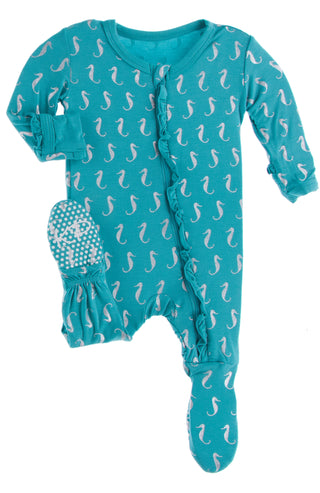 KicKee Pants Neptune Mini Seahorses Classic Ruffle Footie with Zipper, KicKee Pants, Classic Ruffle Footie, Classic Ruffle Footie with Zipper, Footie with Zipper, KicKee, KicKee Footie with Z