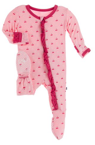 KicKee Pants Lotus Cherries and Blossoms Classic Ruffle Footie with Zipper, KicKee Pants, cf-size-6-9-months, cf-type-footie, cf-vendor-kickee-pants, CM22, Footie, Footie with Zipper, KicKee,