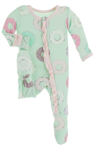 KicKee Pants Pistachio Donuts Classic Ruffle Footie with Zipper, KicKee Pants, CM22, Footie, Footie with Zipper, KicKee, KicKee Pants, KicKee Pants Classic Ruffle Footie with Zipper, KicKee P
