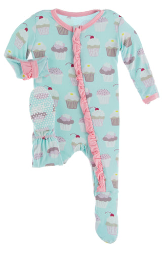 KicKee Pants Summer Sky Cupcakes Classic Ruffle Footie with Zipper, KicKee Pants, CM22, Footie, Footie with Zipper, KicKee, KicKee Pants, KicKee Pants Classic Ruffle Footie with Zipper, KicKe