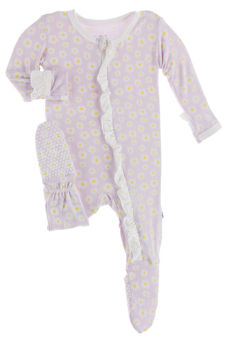 KicKee Pants Thistle Chamomile Classic Ruffle Footie with Zipper, KicKee Pants, CM22, Footie, Footie with Zipper, KicKee, KicKee Pants, KicKee Pants Classic Ruffle Footie with Zipper, KicKee 