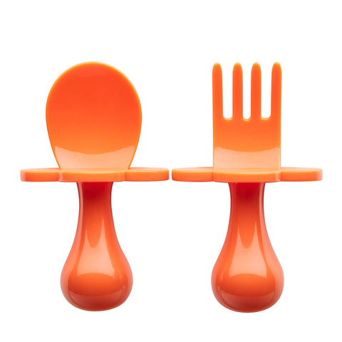 Orange You Hungry Grabease Fork & Spoon Set, Grabease, Baby Fork and Spoon Set, Black Grabease, cf-type-utensils, cf-vendor-grabease, CM22, EB Baby, First Self Feeding Utensil Set of Spoon an