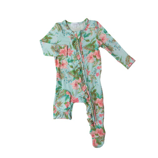 Angel Dear Blue Vintage Hibiscus Ruffle Front Zipper Footie, Angel Dear, angel Dear, Angel Dear Blue Vintage Hibiscus, Angel dear Footie, Angel Dear Ruffle Footie, Angel Dear Ruffle Front Zip