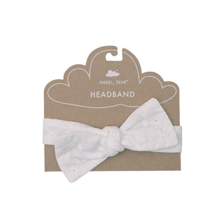 Angel Dear white eyelet headband for infants, featuring delicate eyelet details and soft fabric for a comfortable fit.