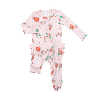 Angel Dear Gingerbread Sleigh Pink Ruffle Footie with Zipper, Angel Dear, All Things Holiday, angel Dear, Angel Dear Bamboo Footie, Angel Dear Christmas, Angel Dear Footie with Zipper, Angel 