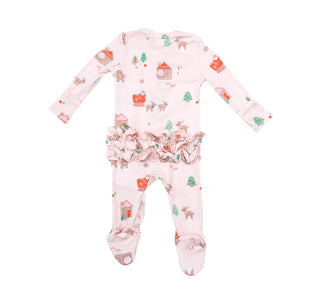 Angel Dear Gingerbread Sleigh Pink Ruffle Footie with Zipper, Angel Dear, All Things Holiday, angel Dear, Angel Dear Bamboo Footie, Angel Dear Christmas, Angel Dear Footie with Zipper, Angel 