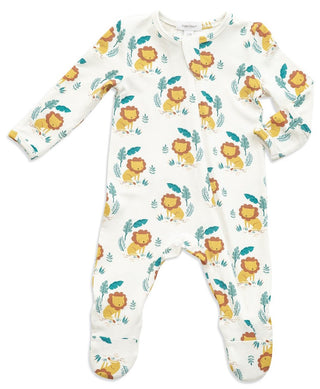Angel Dear Lion King bamboo zipper footie for newborns, soft fabric with a lion king print, ideal for comfortable baby wear.