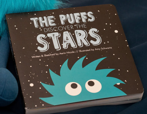KicKee Pants The Puffs Discover the Stars Board Book, KicKee Pants, Alien Stuffed Animal, Blue the Puff, Board Book, CM22, KicKee, KicKee Pants, KicKee Pants Astronomy, KicKee Pants Board Boo