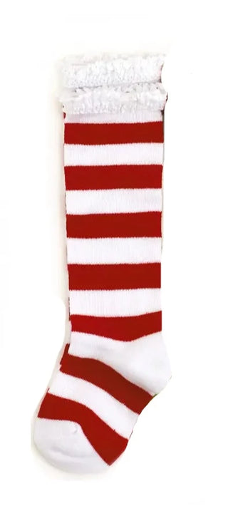 Little Stocking Co Lace Top Knee High Socks - Peppermint Stripe, Little Stocking Co, All Things Holiday, Christmas, Christmas Socks, Grinch, Holiday, Little Stocking Co, Little Stocking Co Kn