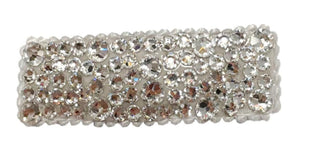 Bari Lynn clear Swarovski crystal snap clip hair bow with sparkling crystals and metal snap closure on a plain background.