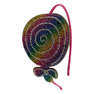 Bari Lynn Crystal Applique Rainbow Lollipop Headband with colorful decorative stones and fabric band for a playful accessory.