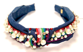 Bari Lynn Denim Rainbow Twist Knot Headband with Pearls, Bari Lynn, Bari Lynn, Bari Lynn Denim Rainbow, Bari Lynn Denim Rainbow Twist Knot Headband with Pearls, Bari Lynn Denim Twist Knot Hea