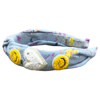 Bari Lynn Splatter Paint Denim Headband with Crystals - Smiley & Heart, Bari Lynn, Bari Lynn, Bari Lynn Headband, Bari Lynn Headbands, Bari Lynn Splatter Paint & Patches Denim Headband with C