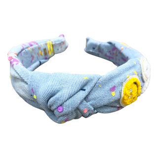 Bari Lynn Splatter Paint Denim Headband with Crystals - Smiley & Heart, Bari Lynn, Bari Lynn, Bari Lynn Headband, Bari Lynn Headbands, Bari Lynn Splatter Paint & Patches Denim Headband with C