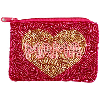 Beaded Mama Heart Zipper Pouch - Hot Pink, Basically Bows & Bowties, Beaded Coin Purse, Mama, Stocking Stuffer, Stocking Stuffers, Zipper Pouch, Coin Purse - Basically Bows & Bowties