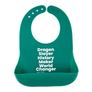 Bella Tunno Dragon Slayer Wonder Bib with colorful dragon design, soft fabric, and adjustable neck closure for babies.