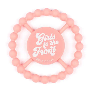 Bella Tunno Girls to the Front Happy Teether, colorful silicone teether with fun design for babies' soothing needs.