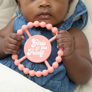 Bella Tunno Girls to the Front Happy Teether, colorful silicone teether designed for babies to soothe gums and promote fun chewing.